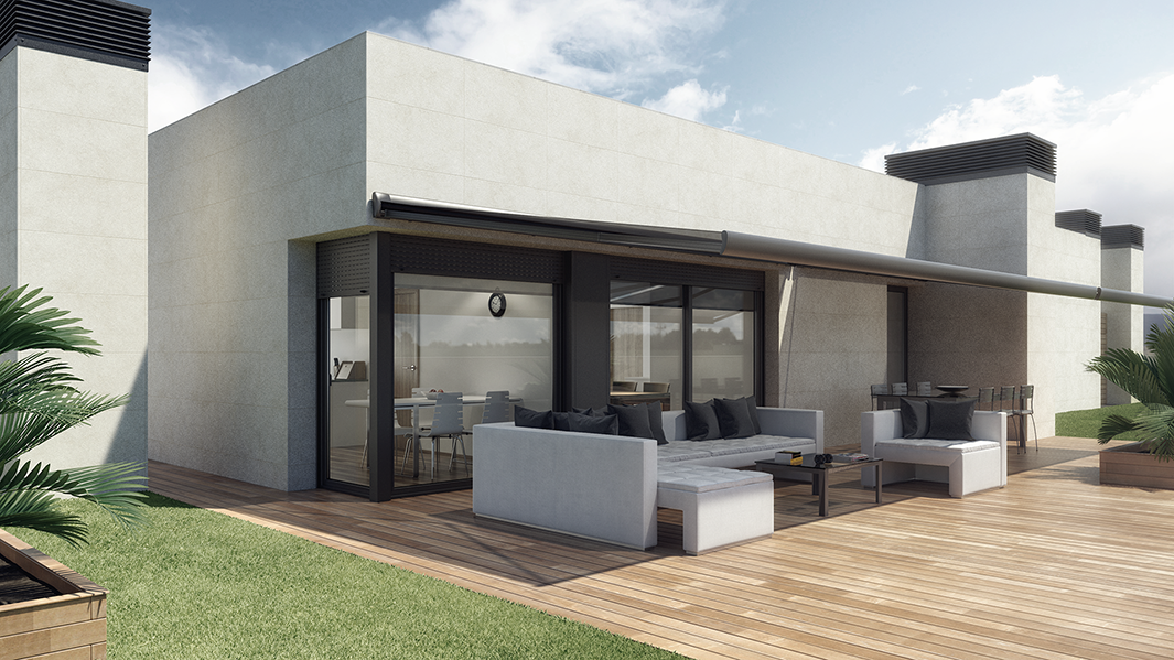 render infografia 3d exterior atico con terraza y sofas