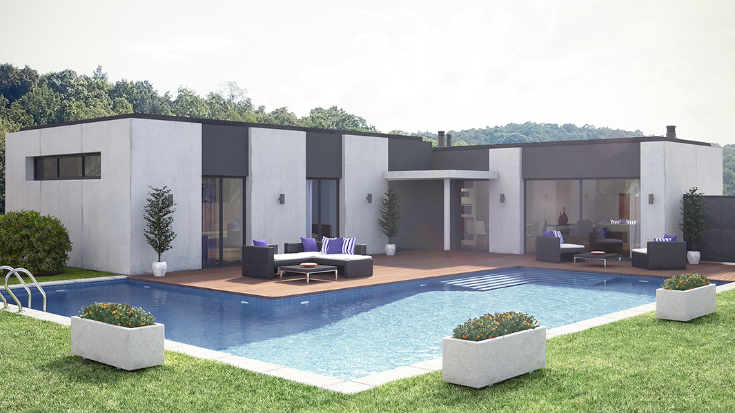 casa modular prefabricada con jardin y piscina
