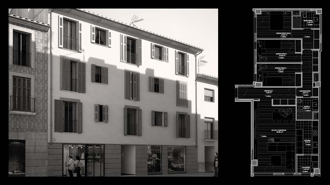 render infografia 3d fachada edificio con planos en una calle