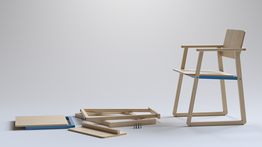 render infografia 3d silla madera con despiece en un estudio